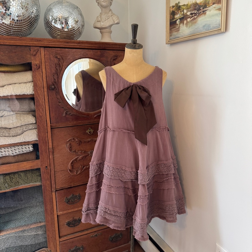 Anthropologie Mauve Mini Dress with Brown Bow